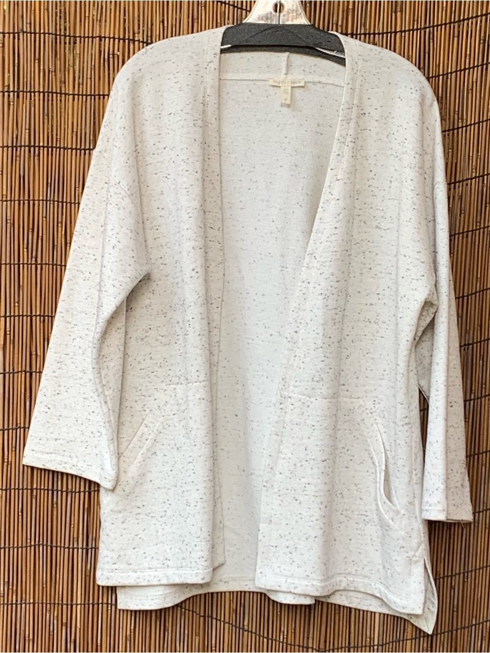 Eileen Fisher Organic Cotton Raglan White Speckled Open-Front Cardigan